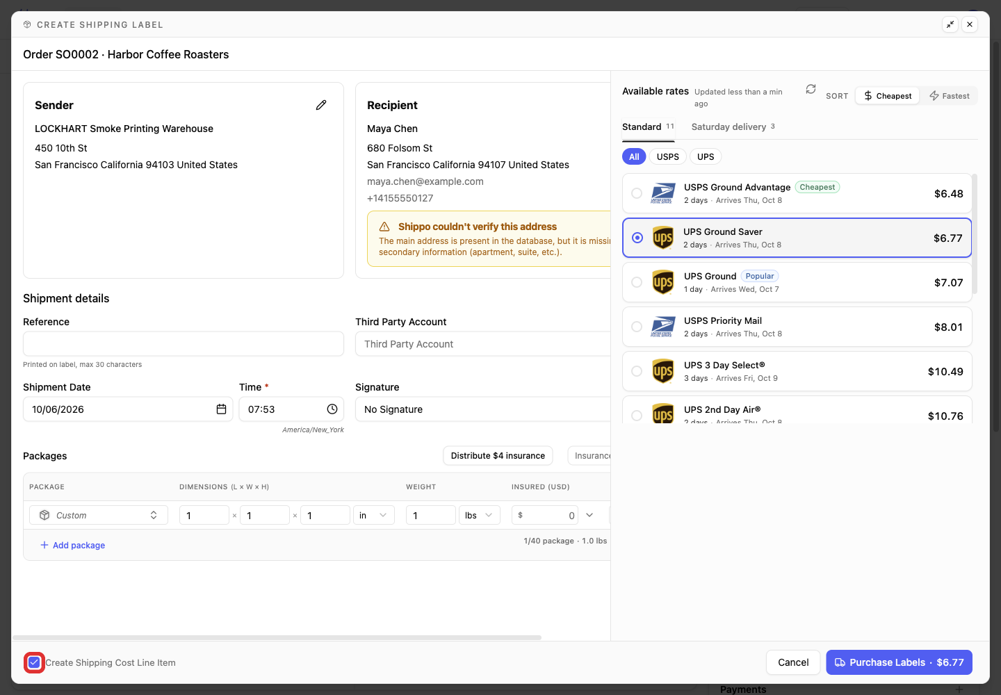 Create Shipping Cost Line Item option