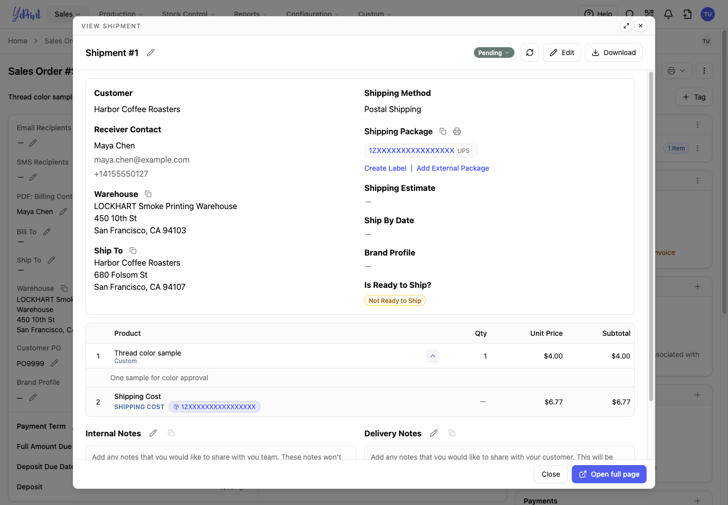 Shipping Cost row recorded on the shipment