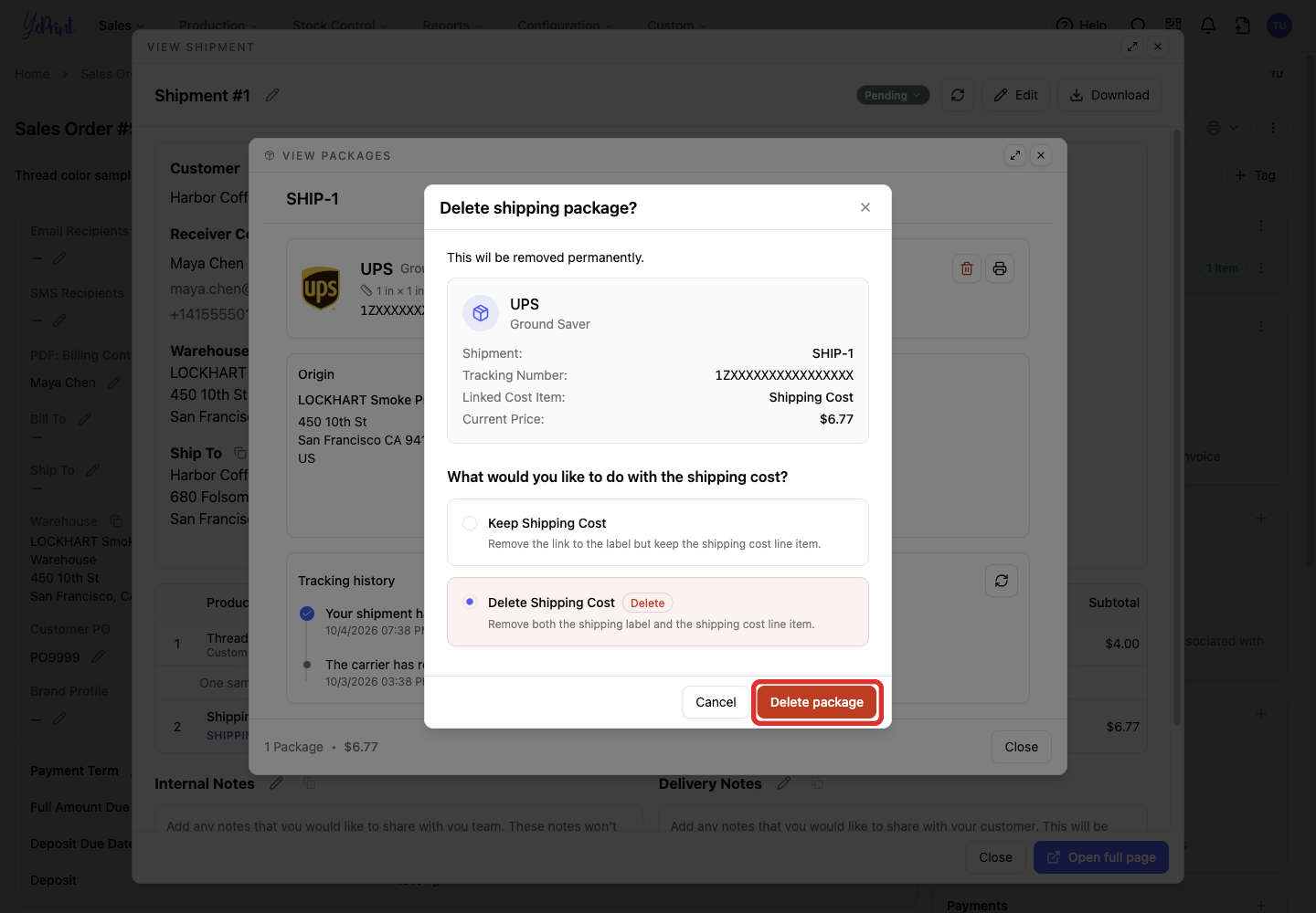 Confirm Delete package for the selected label