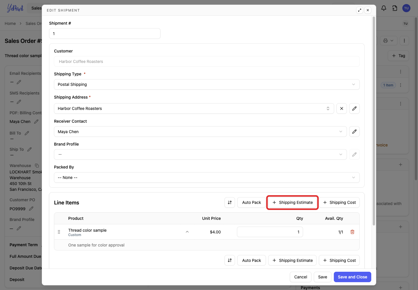 Open Create Shipping Estimate