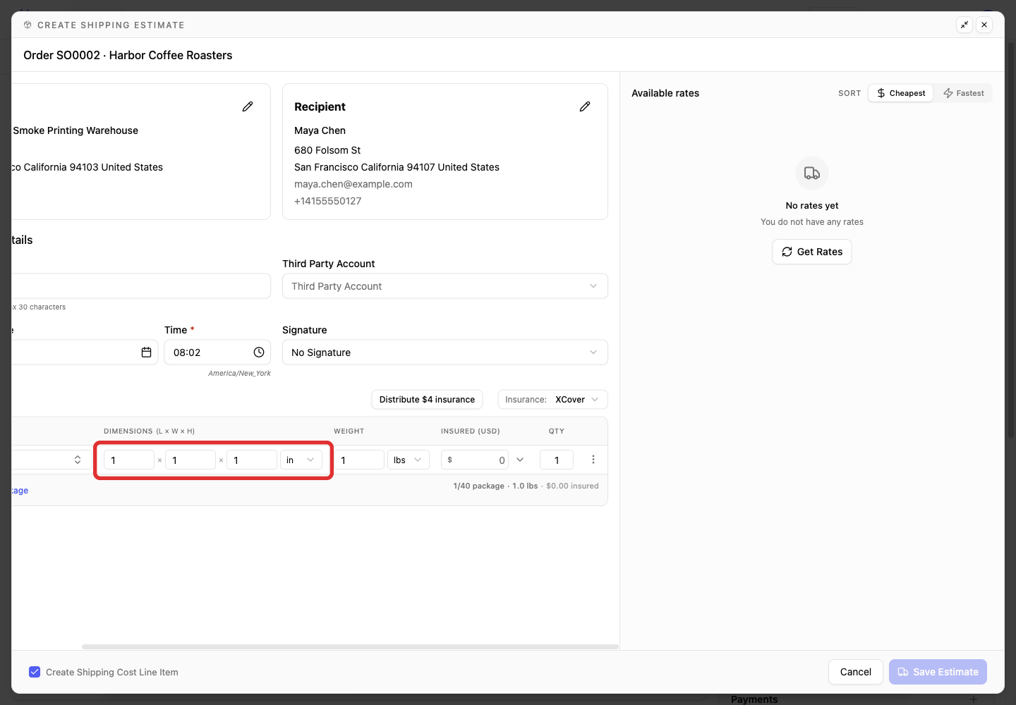 Enter the estimate parcel dimensions