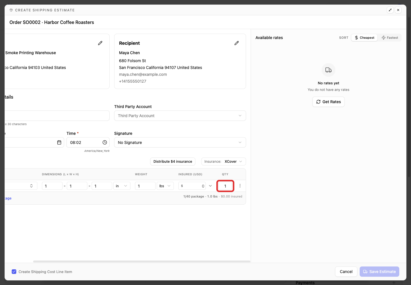 Set the parcel quantity for the estimate
