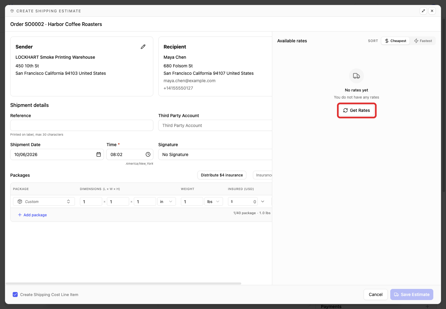 Get shipping estimate rates