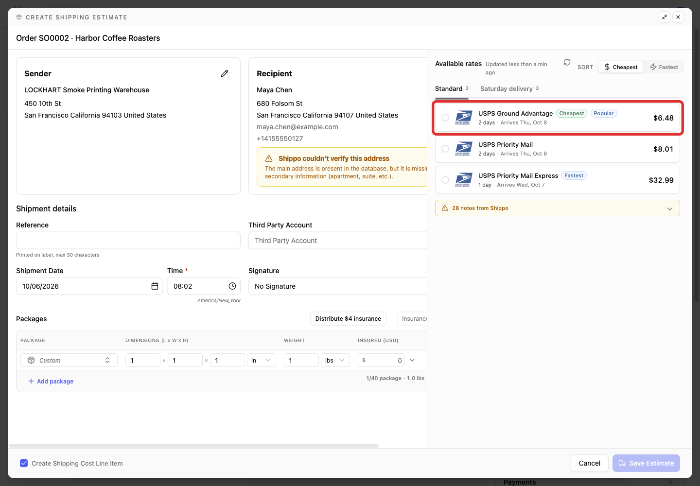 Select a rate for the shipping estimate