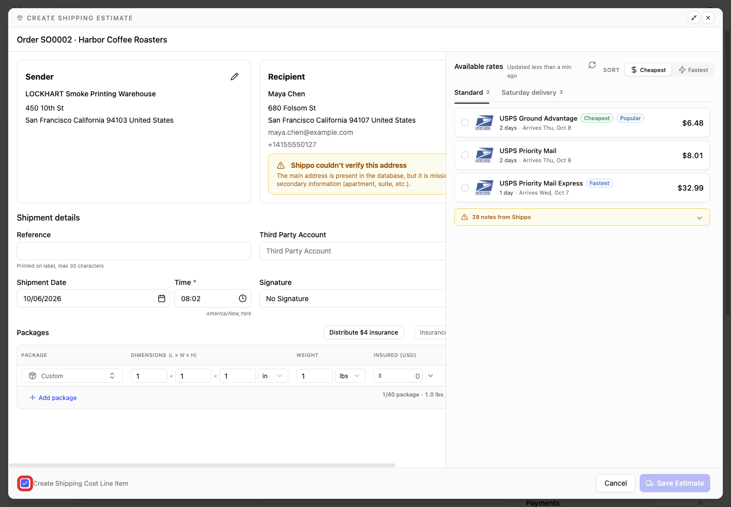 Create a shipping-cost line for the estimate