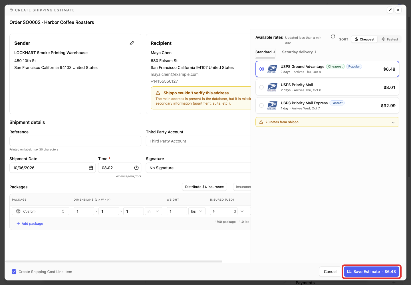 Save Estimate with the selected rate