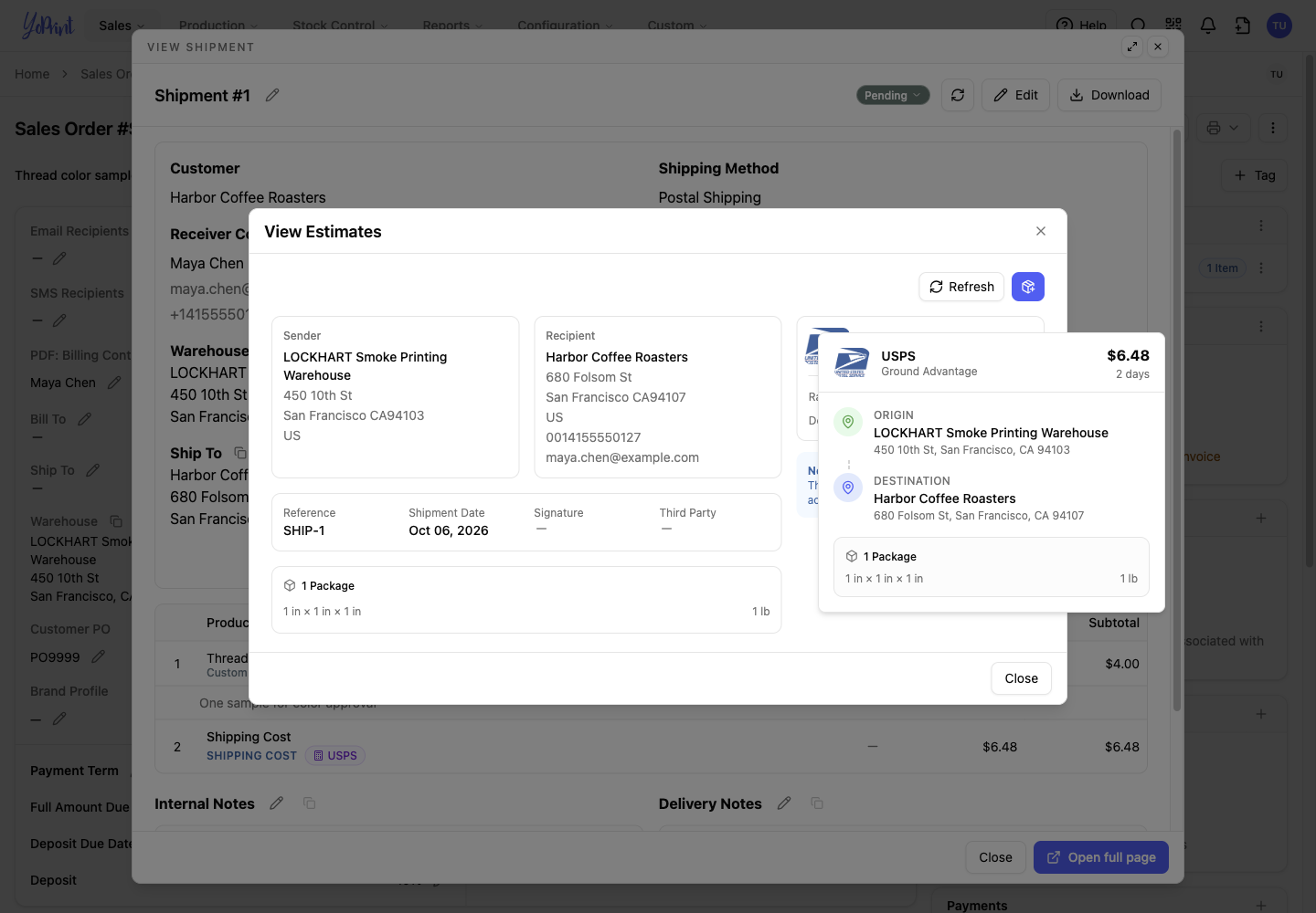 The saved estimate's service, amount and parcel details