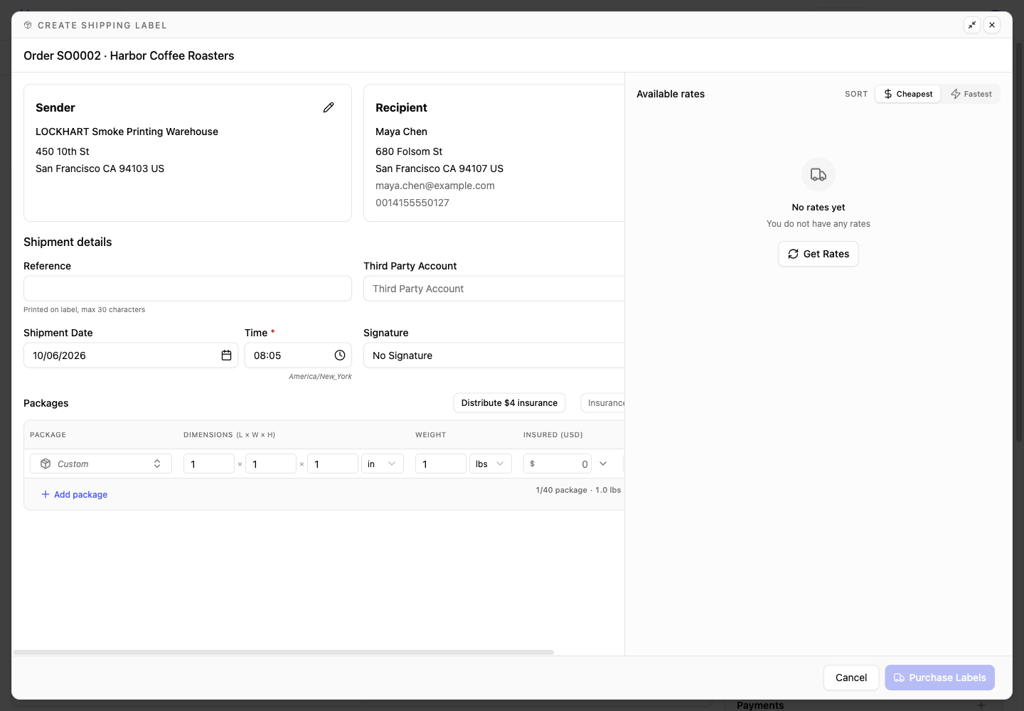 Label dialog filled from the saved estimate