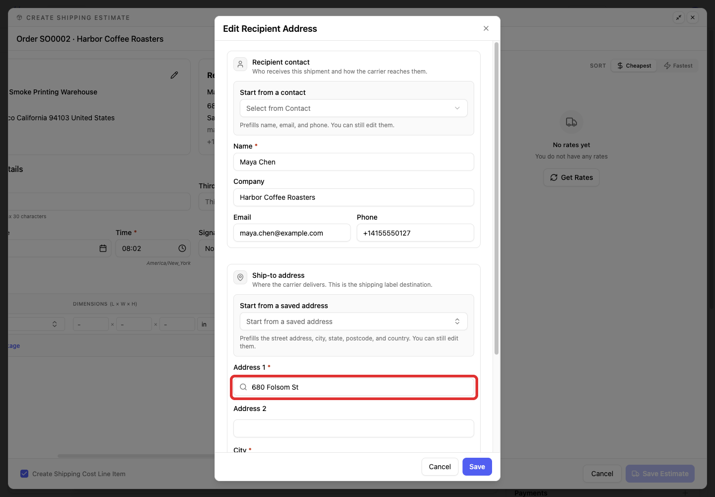 Address 1 in the recipient address editor