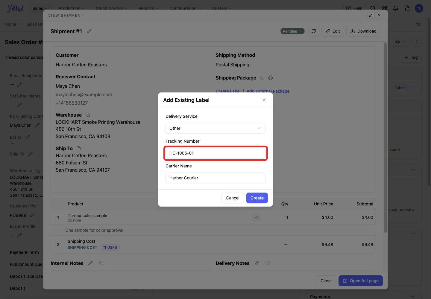 Enter the existing label's tracking number