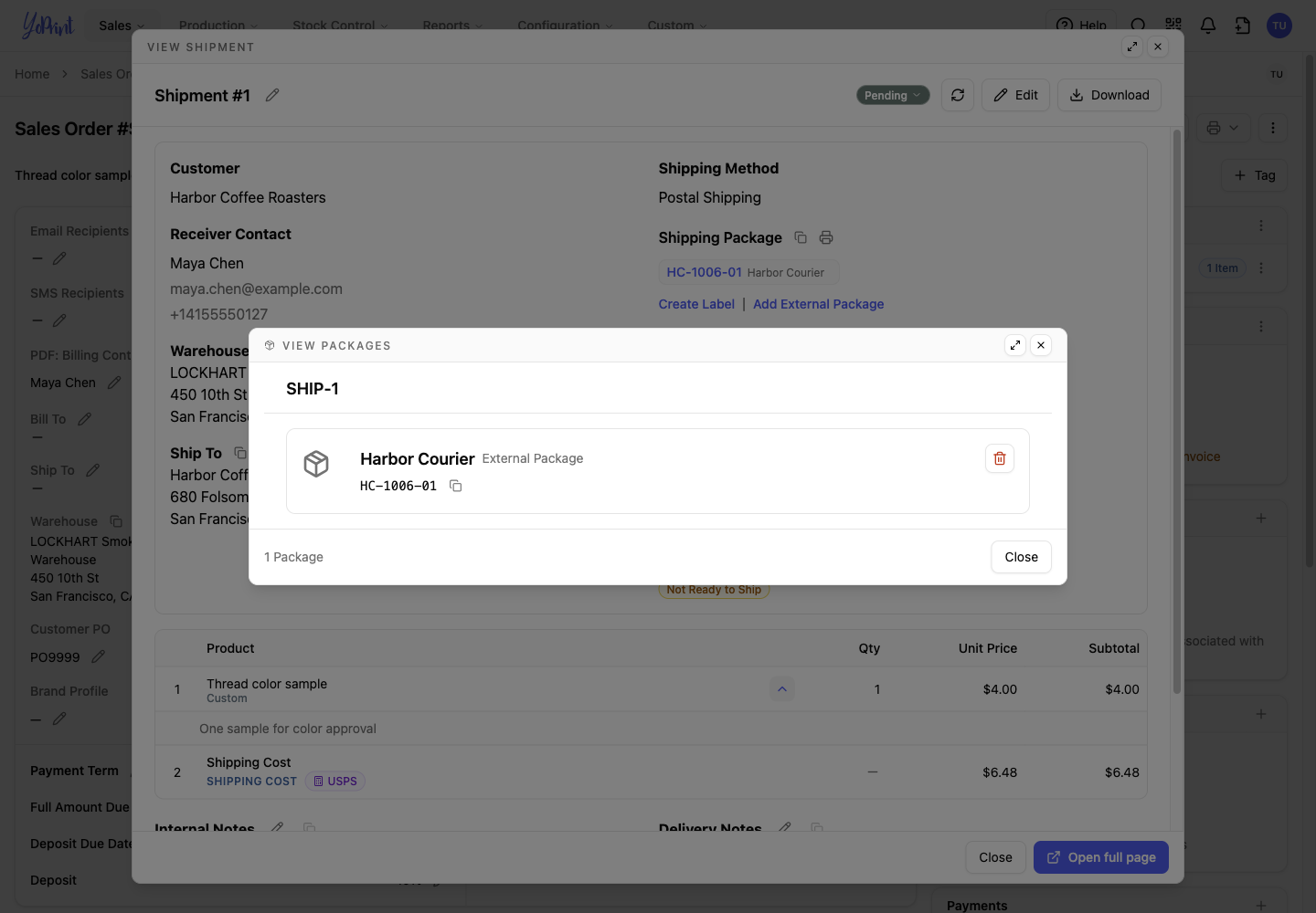 Saved external package with its carrier and tracking number