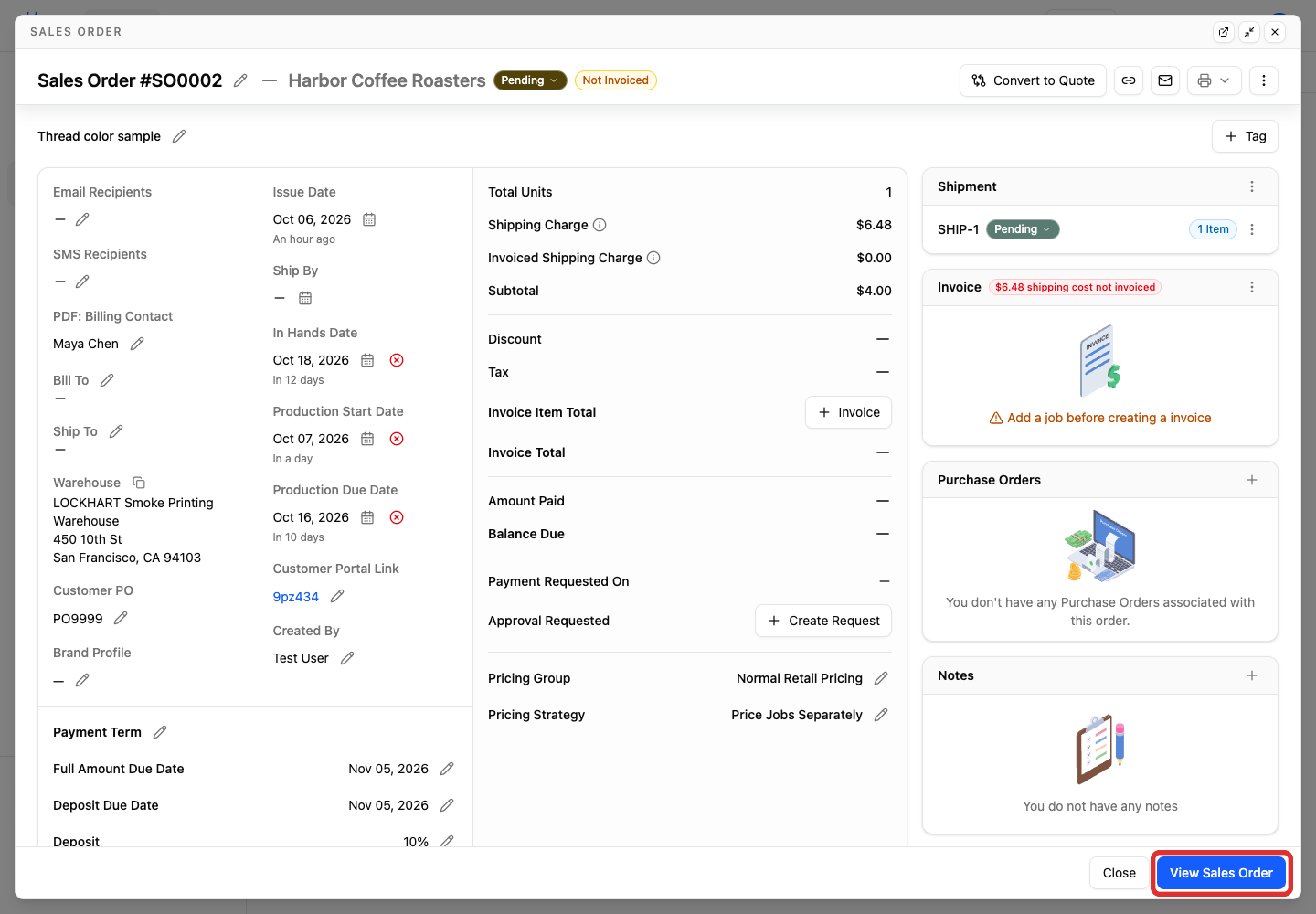 Click View Sales Order in the drawer