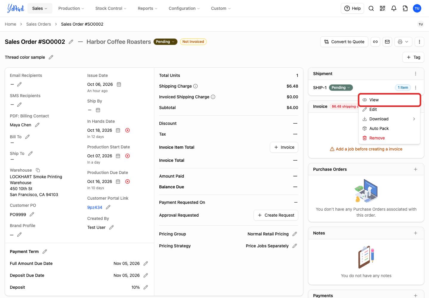 Open the shipment from its Actions menu with View