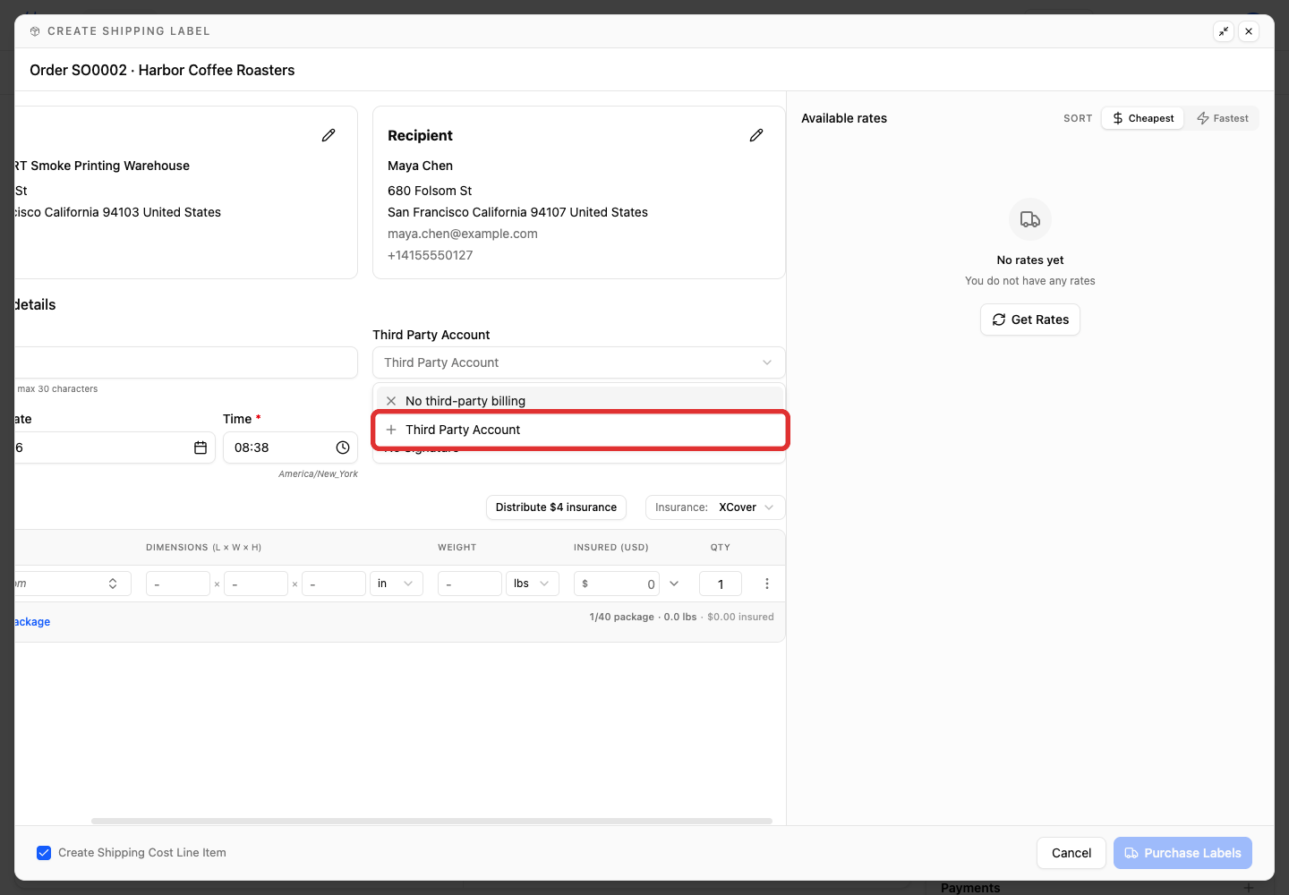 Add a carrier account from the Third Party Account list