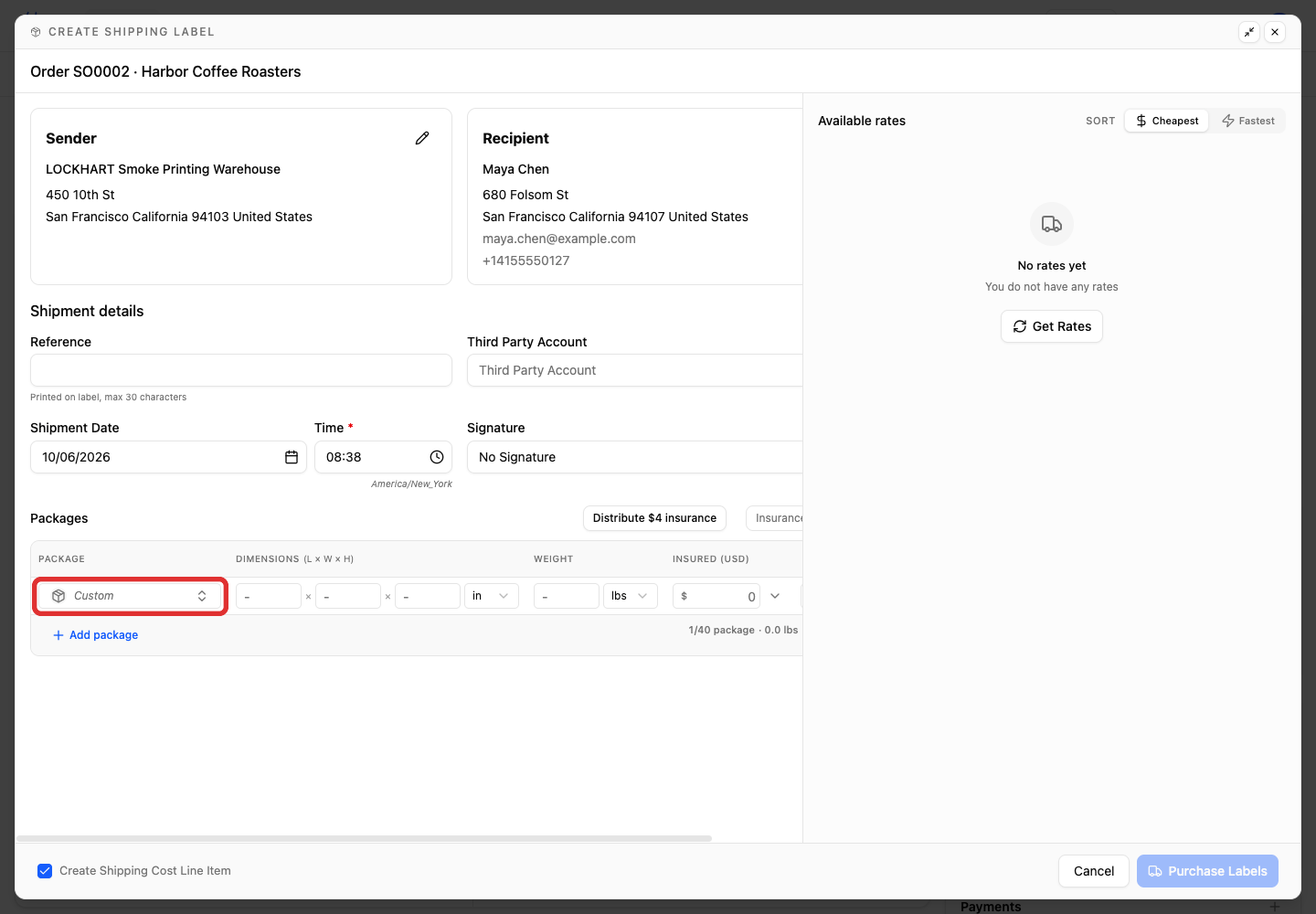 Custom package selected in the Package row