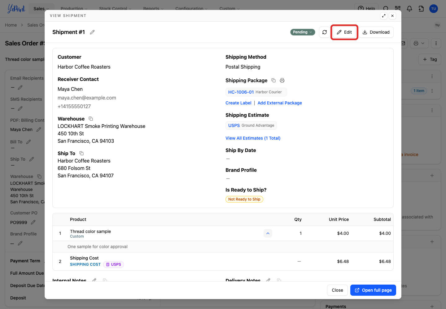 The shipping estimate lives inside the shipment editor
