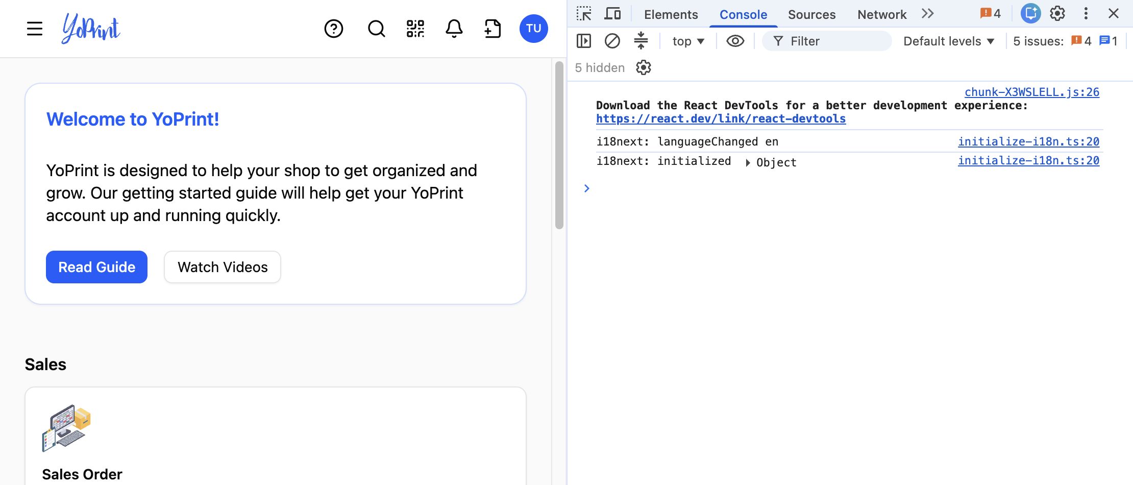 YoPrint beside the Console in Google Chrome