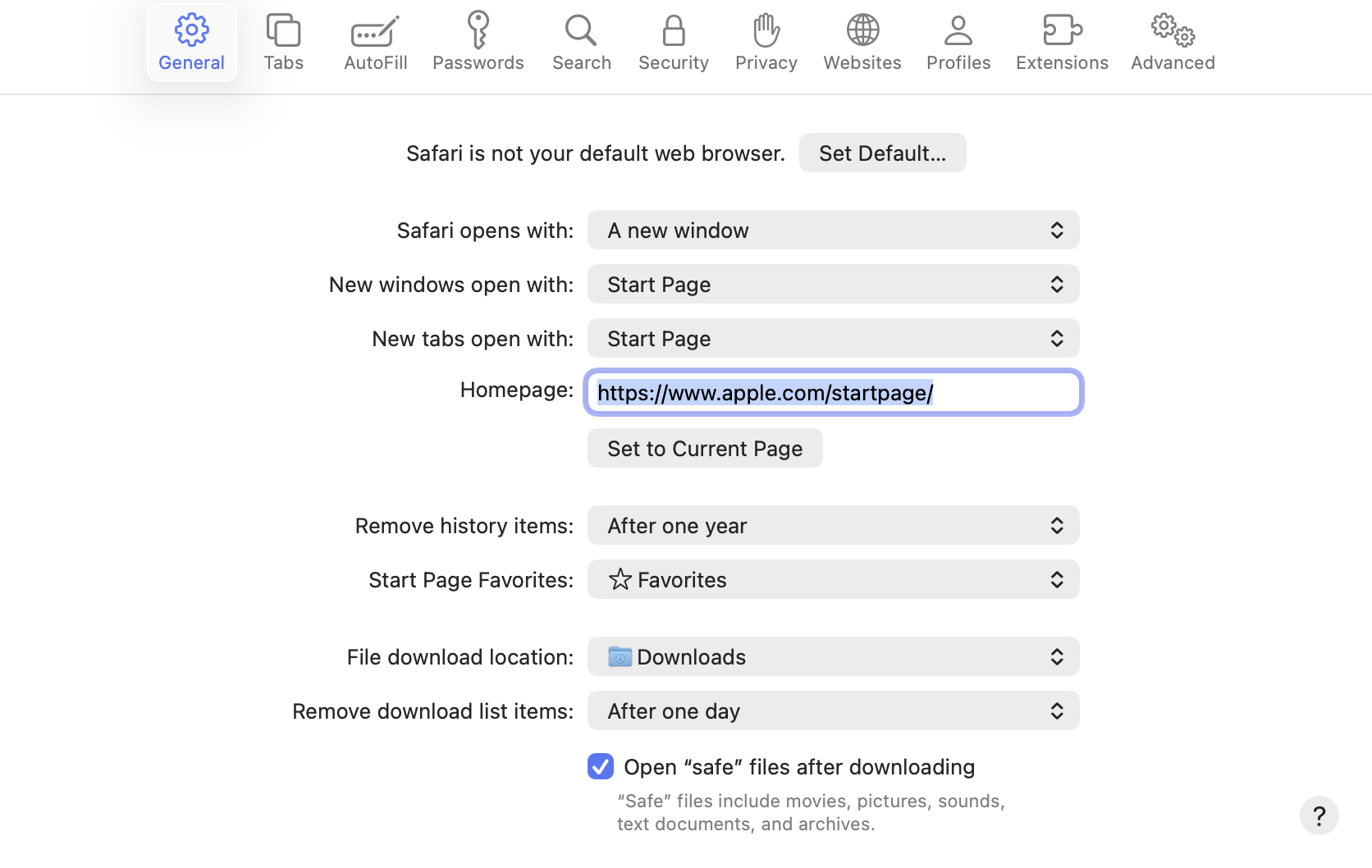 Safari Settings with General selected