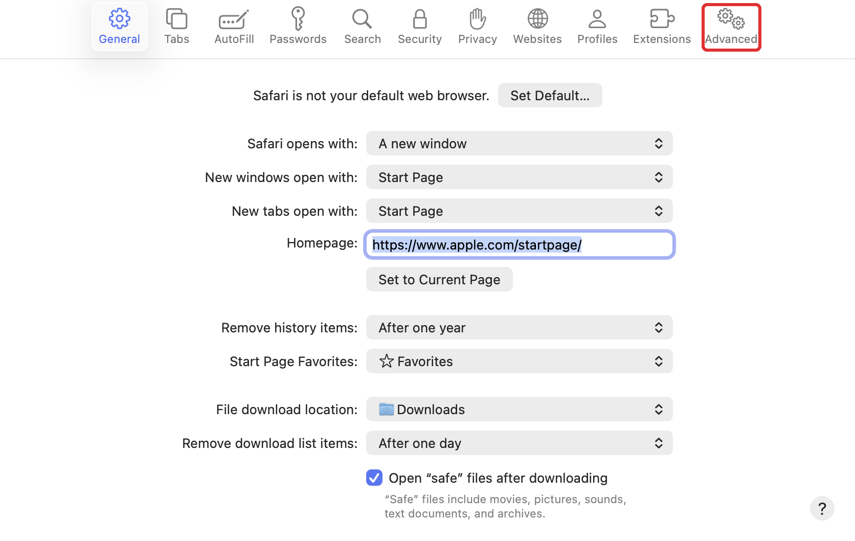Advanced in Safari Settings