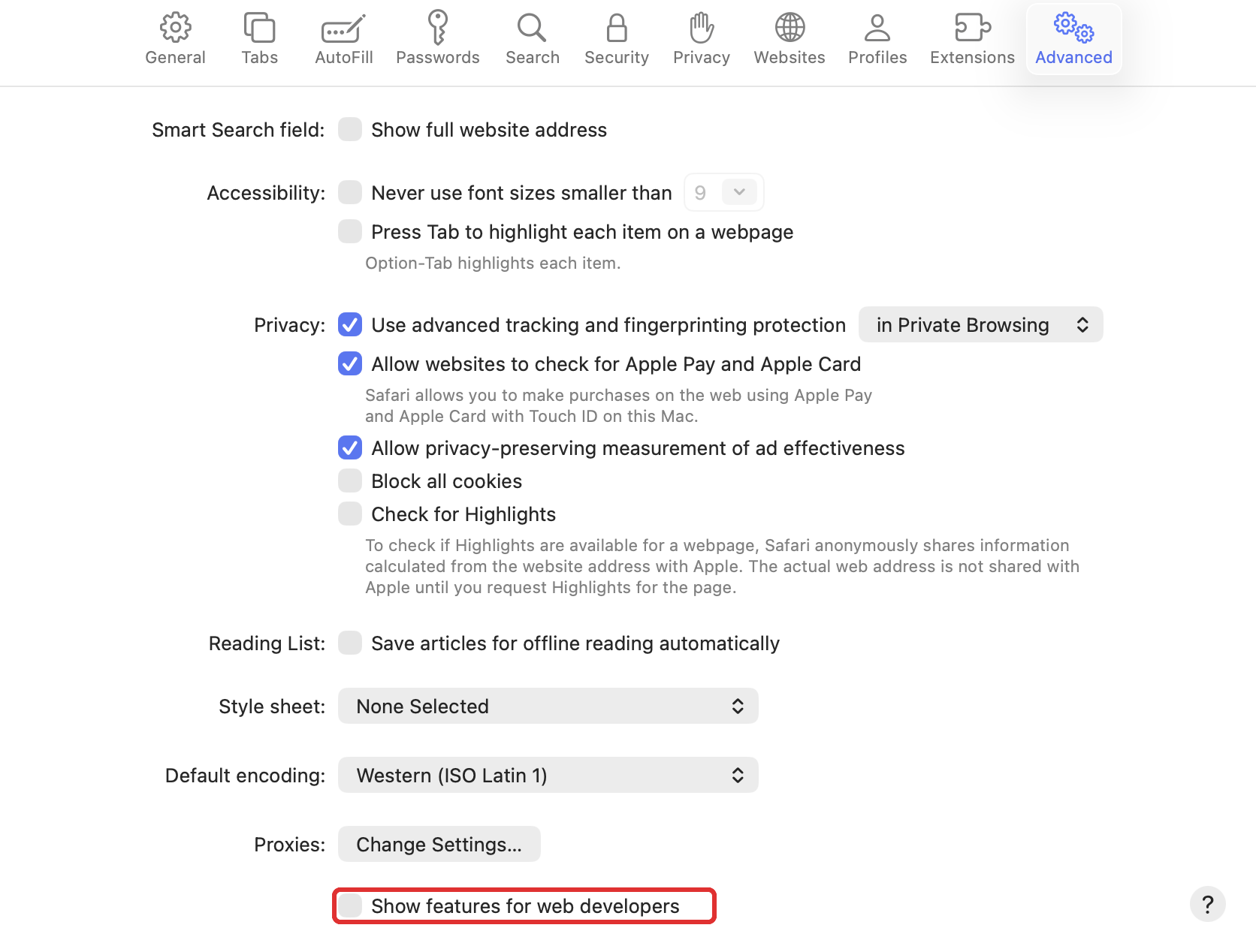 Show features for web developers in Safari Advanced settings
