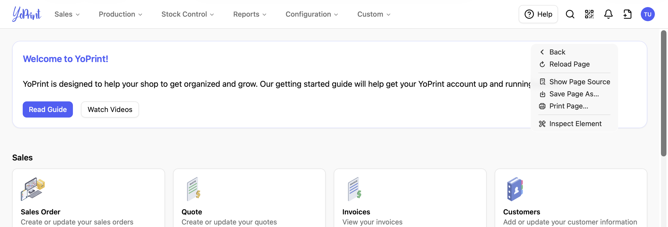 Safari's context menu open on a YoPrint page