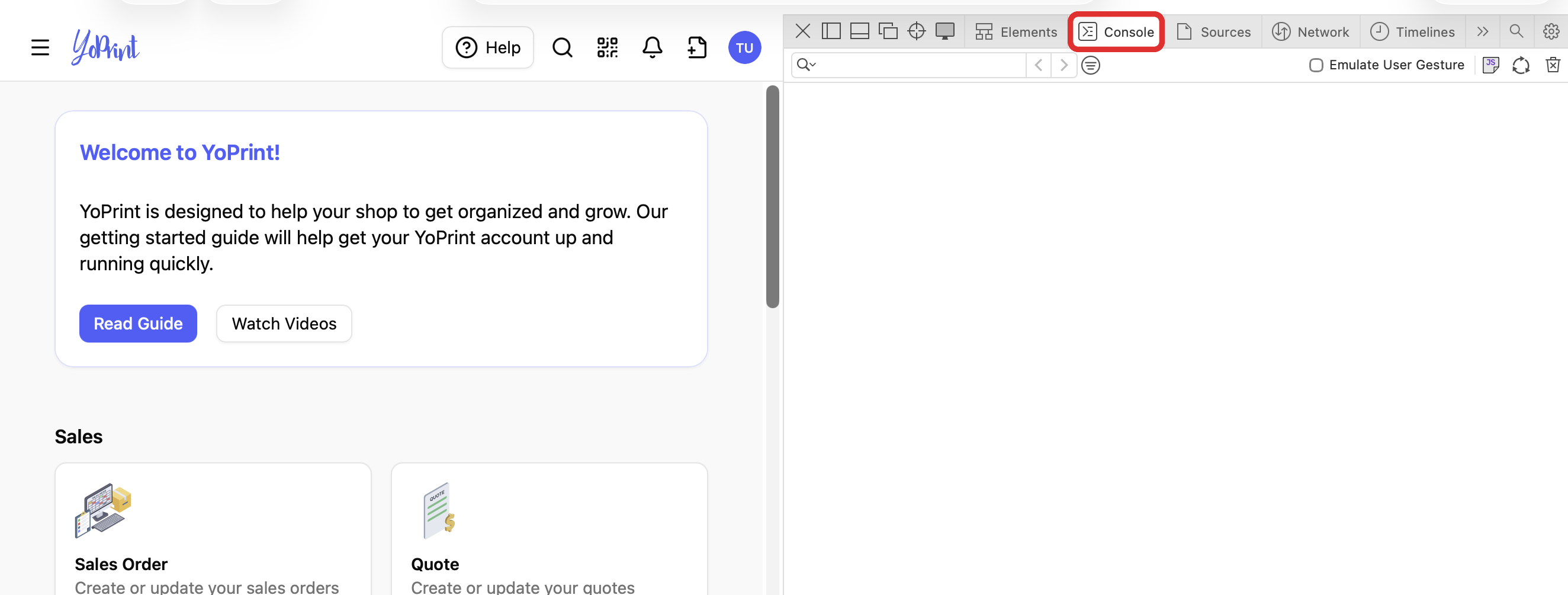 YoPrint beside Safari Web Inspector with Console selected