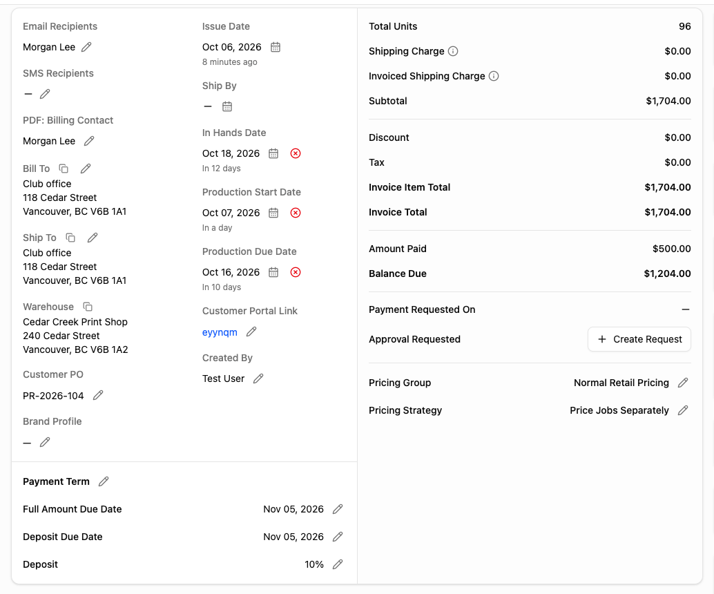 Find contacts, dates, order totals and payment terms on sales order SO0001