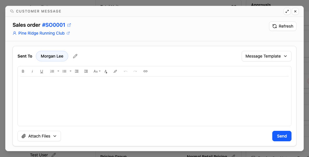 Find the customer conversation and composer on sales order SO0001