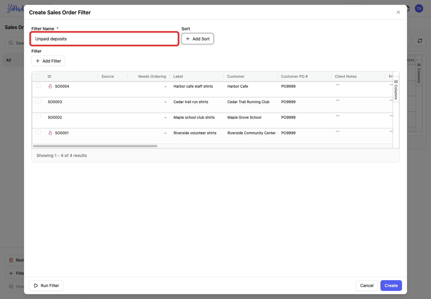 Enter a Filter Name, such as Unpaid deposits.