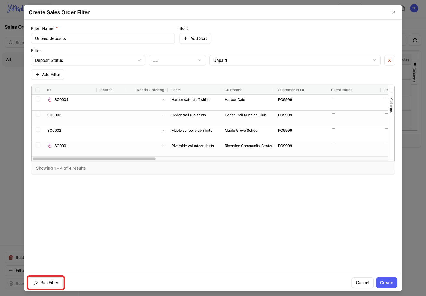 Click Run Filter to check the matching orders in the preview.