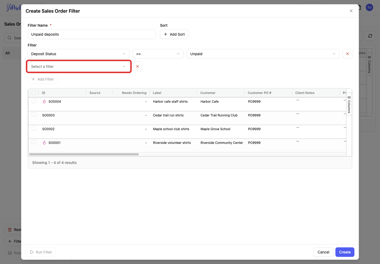 Open Select a filter in the new row.