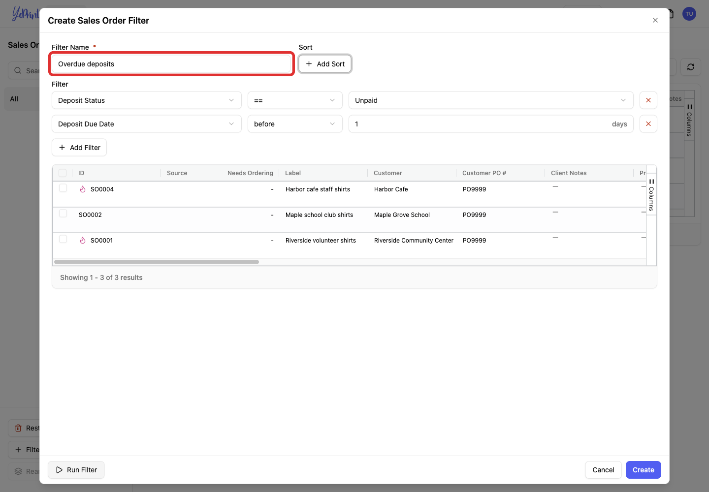 Give the combined filter a useful name, such as Overdue deposits.