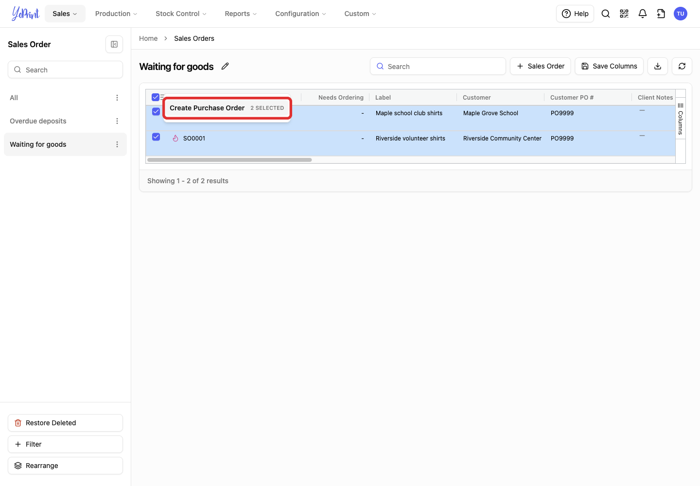 Create Purchase Order in the selection menu.