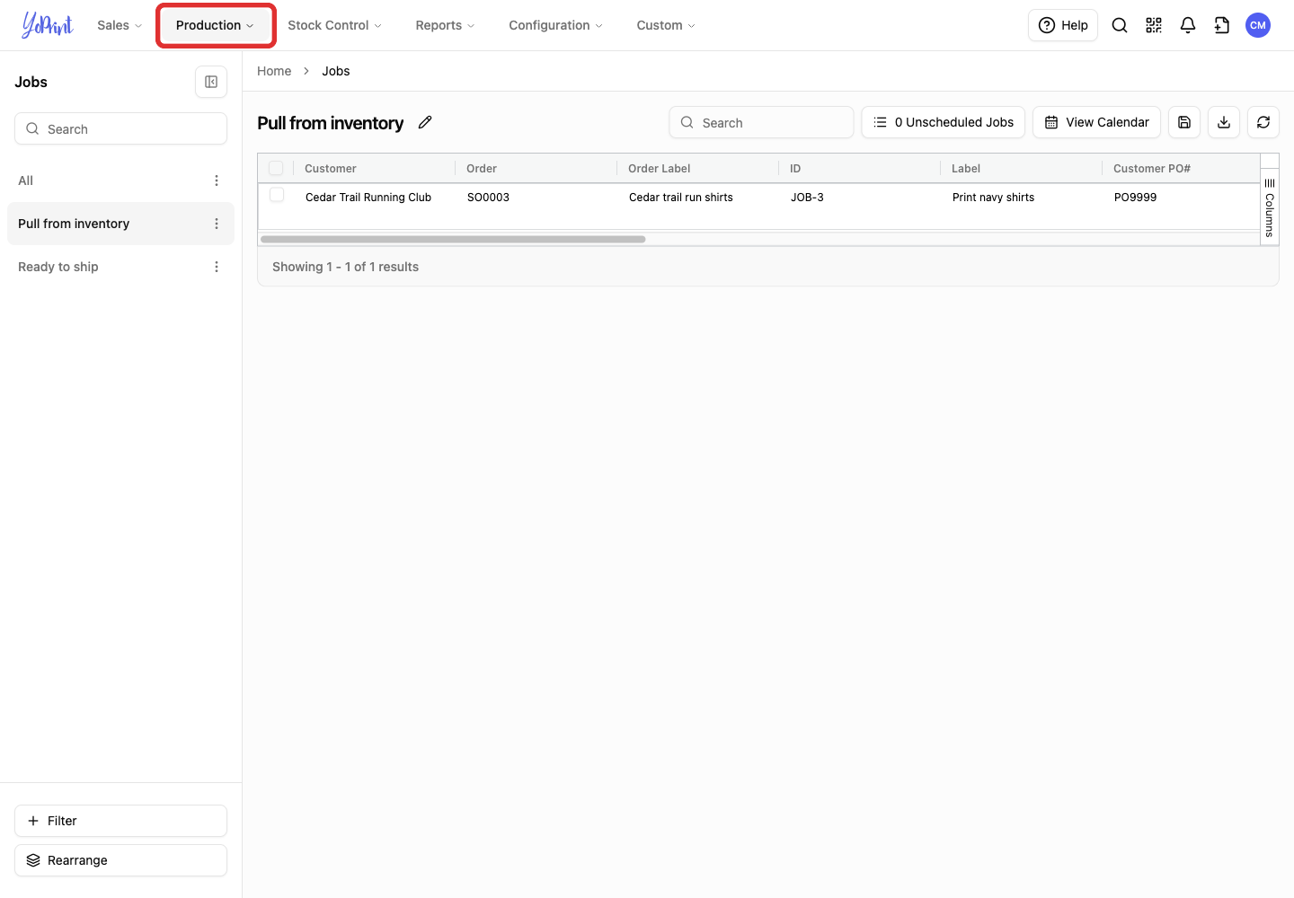 Production menu above the Jobs list.
