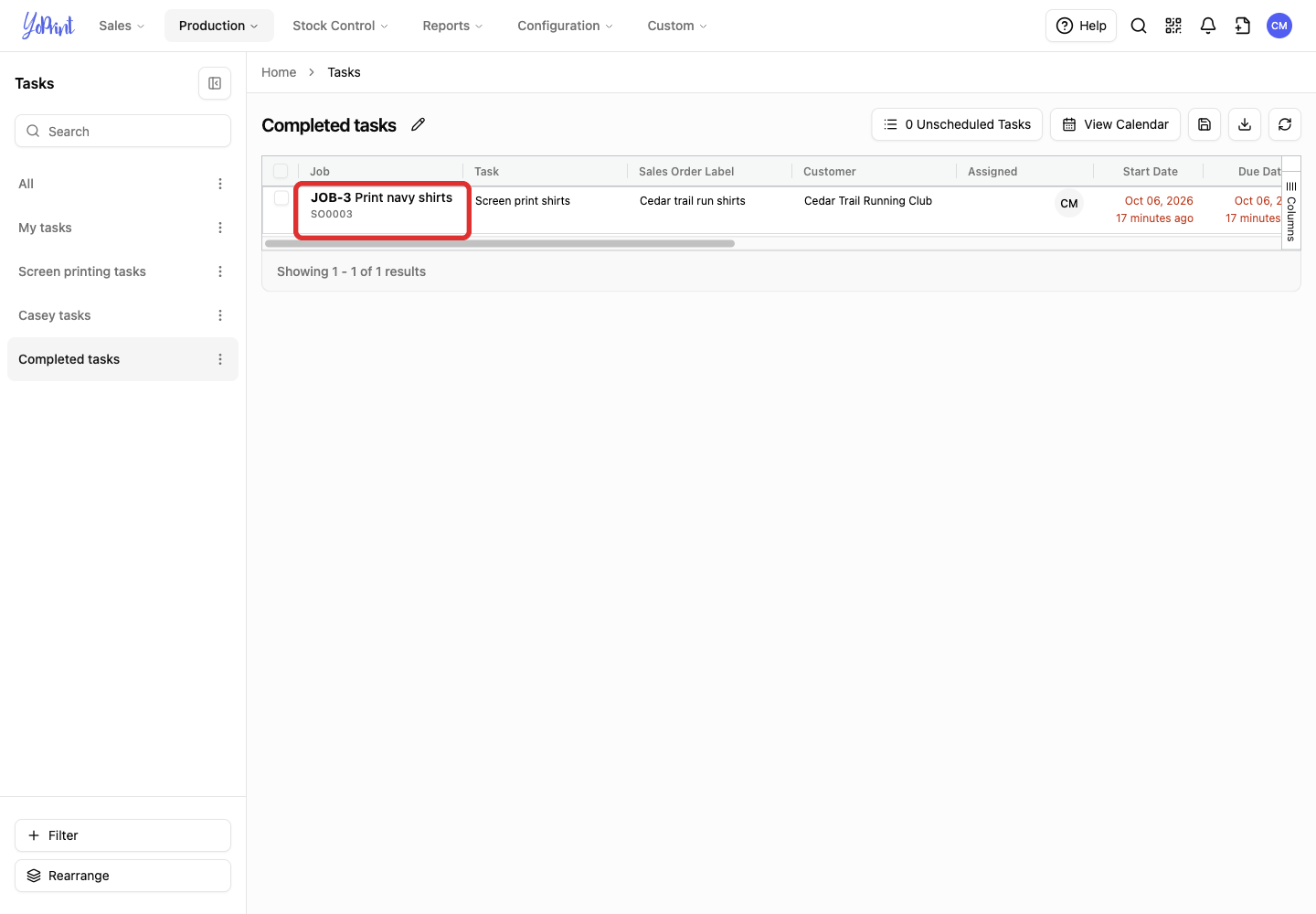 JOB-3 in the Completed tasks filter.