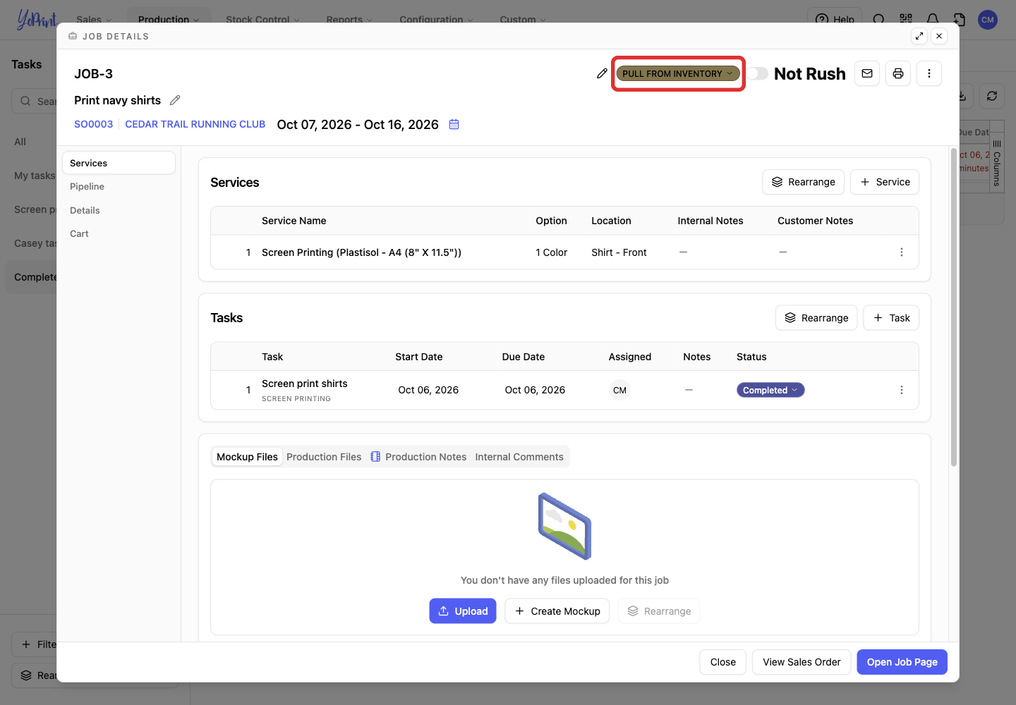 The job status menu above the job details.