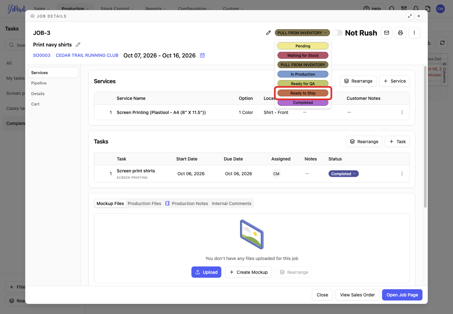 Ready to Ship in the job status menu.