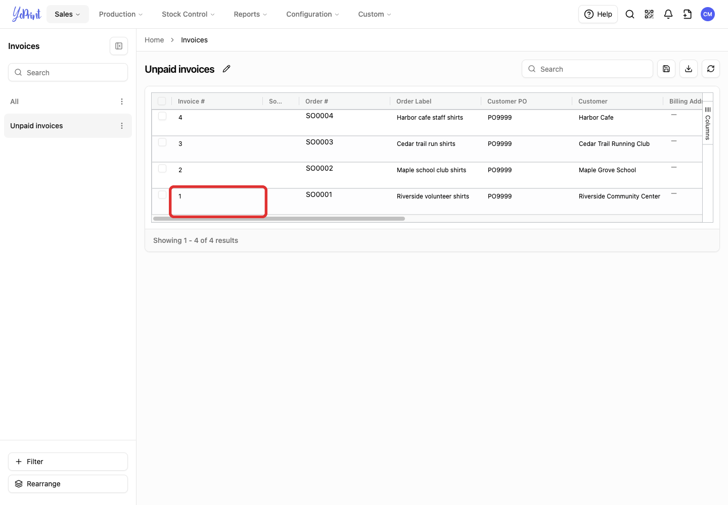 Invoice 1 in the filtered invoice list.