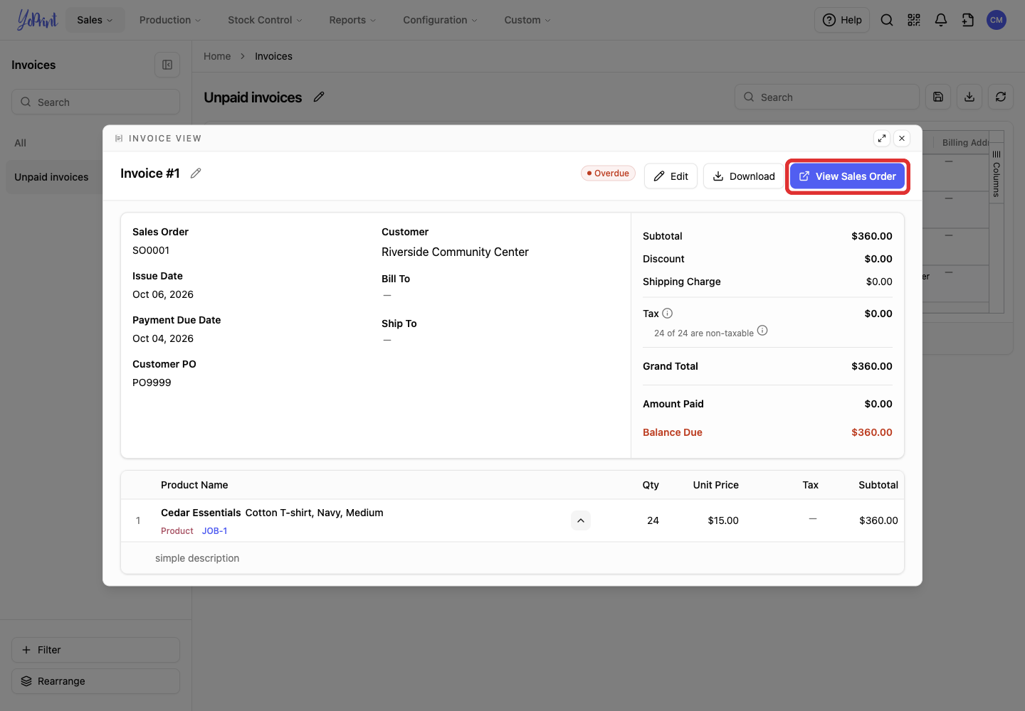 View Sales Order in the invoice details.
