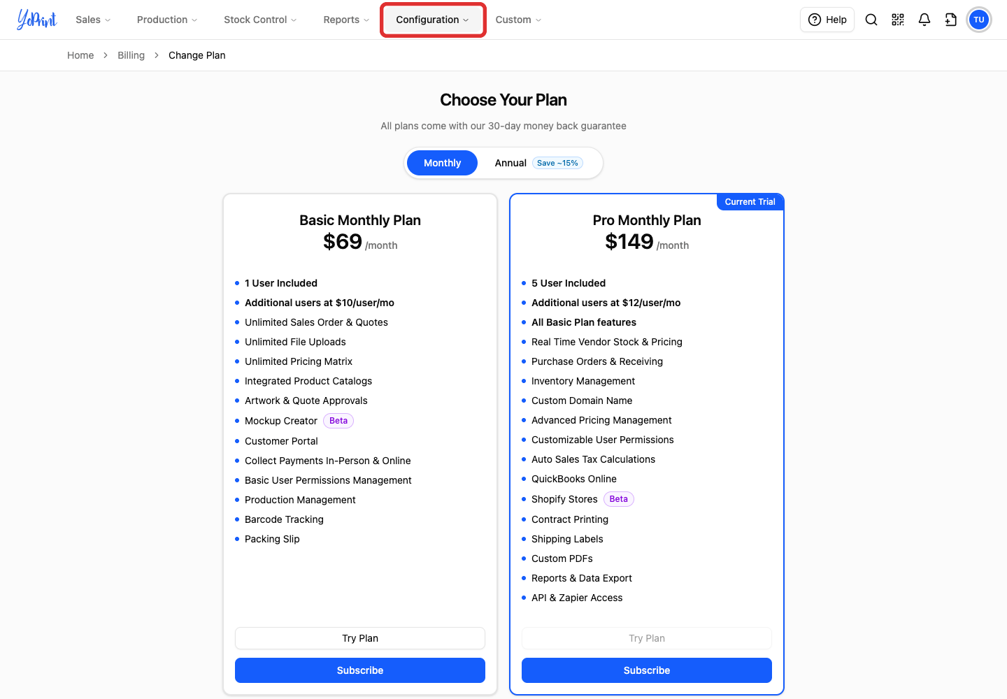 Configuration in the top navigation
