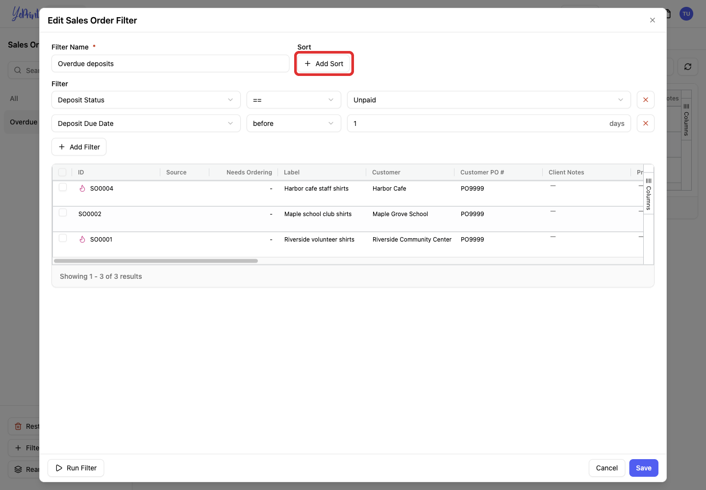 Click Add Sort.