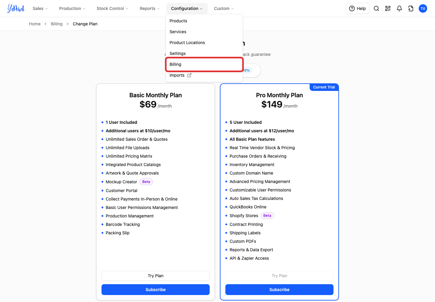 Billing in the Configuration menu