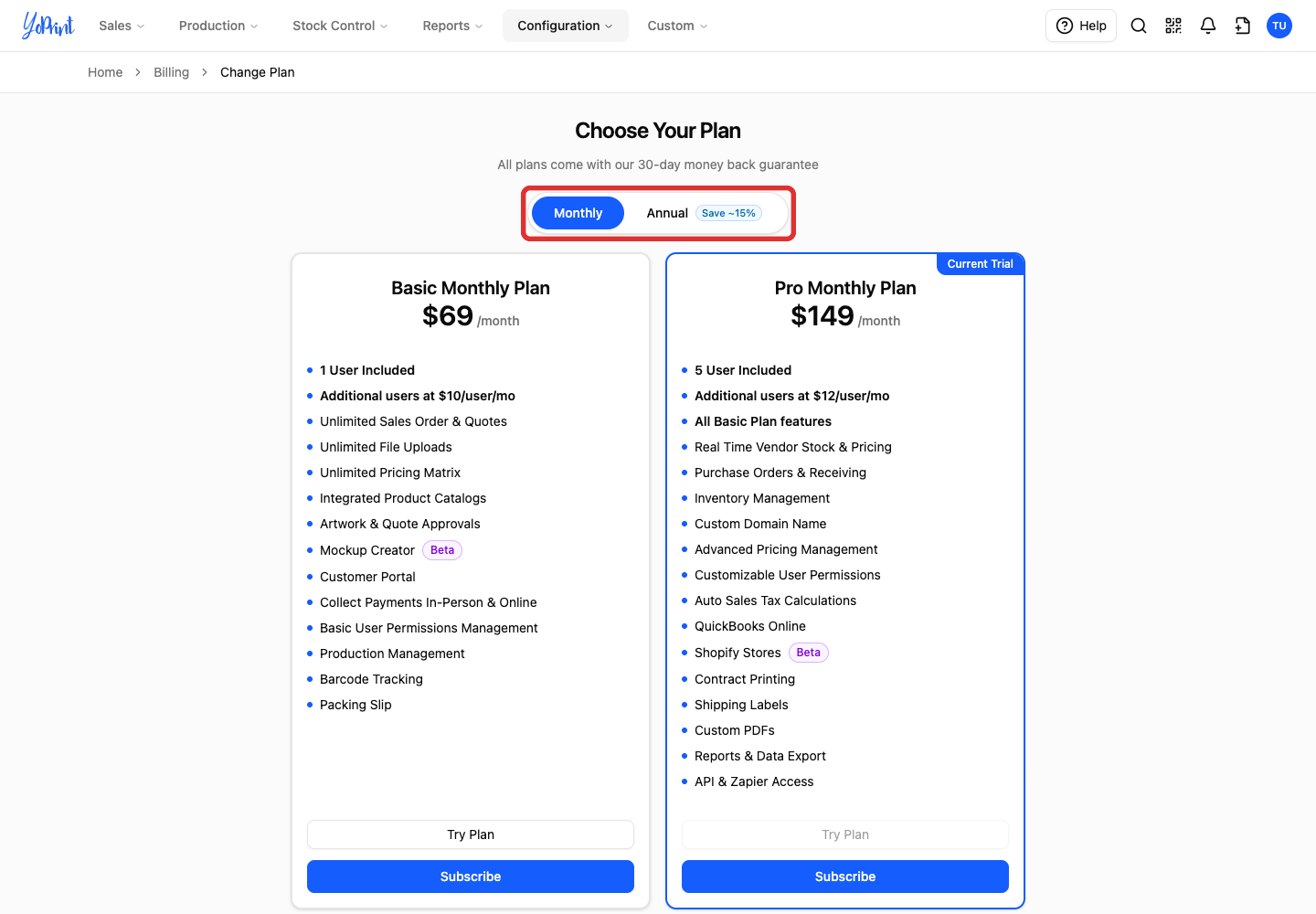 Billing cycle choices