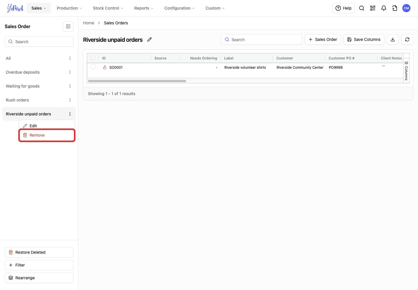 Remove in the saved filter menu.