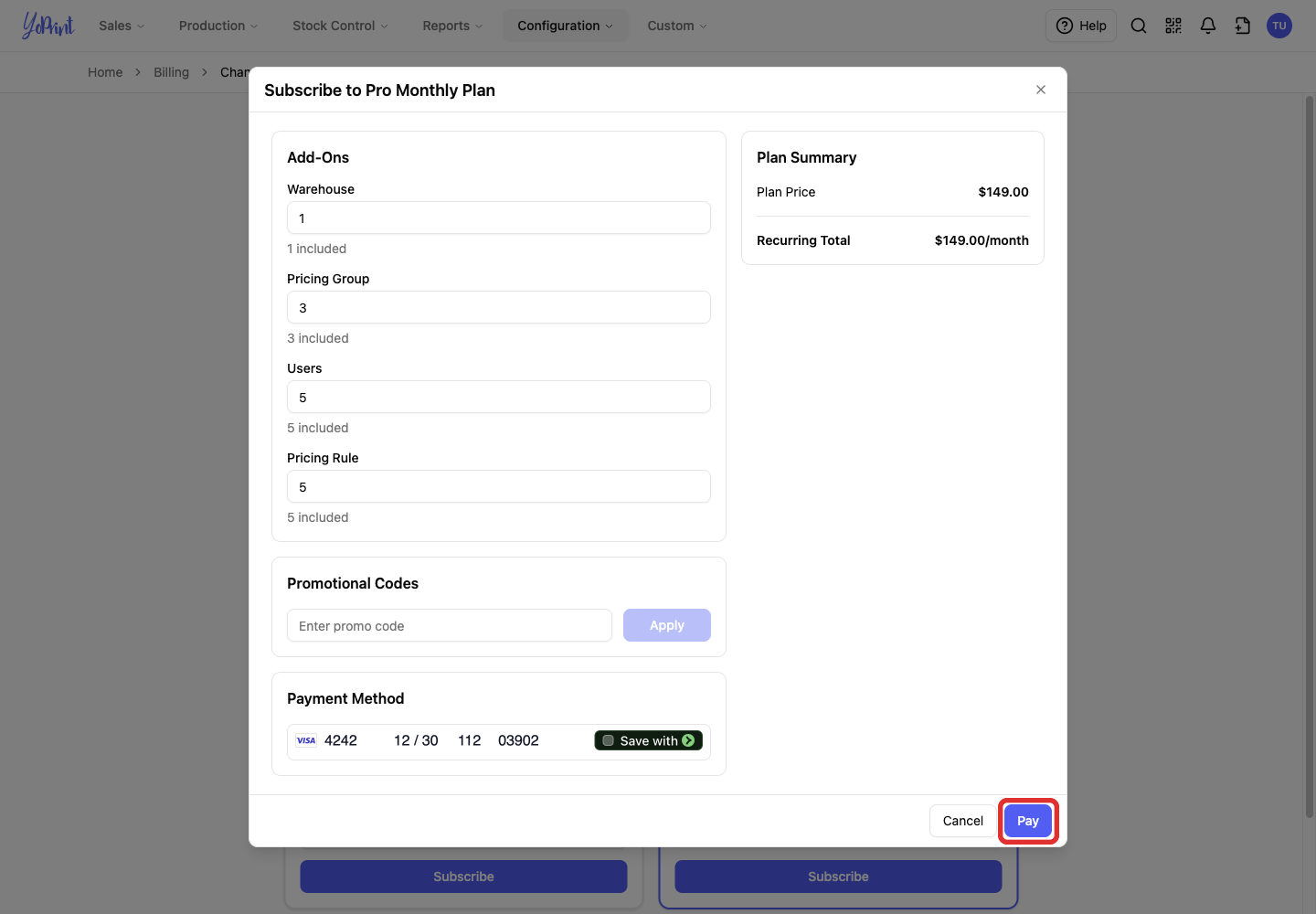 Pay in the subscription dialog