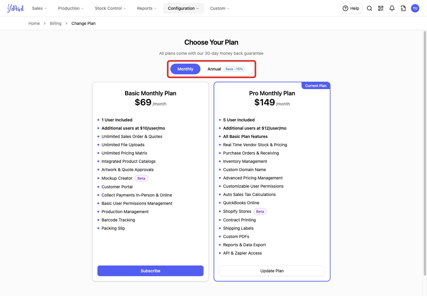 Cycle selector for an existing subscription