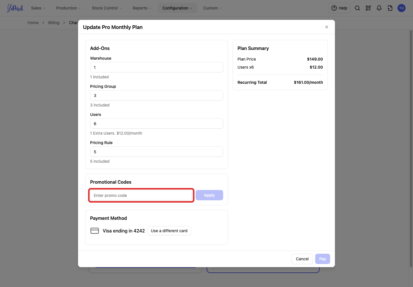 Promotional code field in the plan dialog