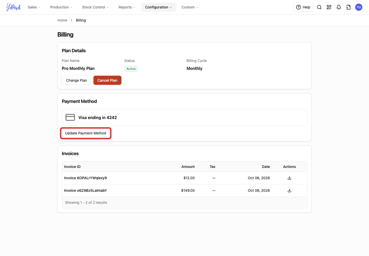 Update Payment Method on Billing