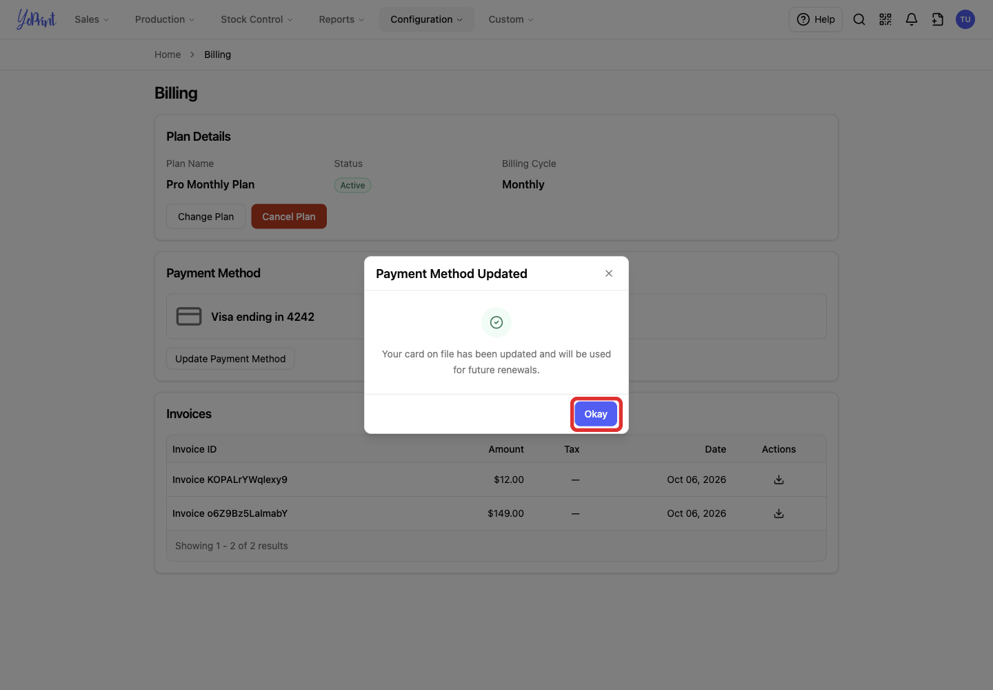 Payment Method Updated confirmation