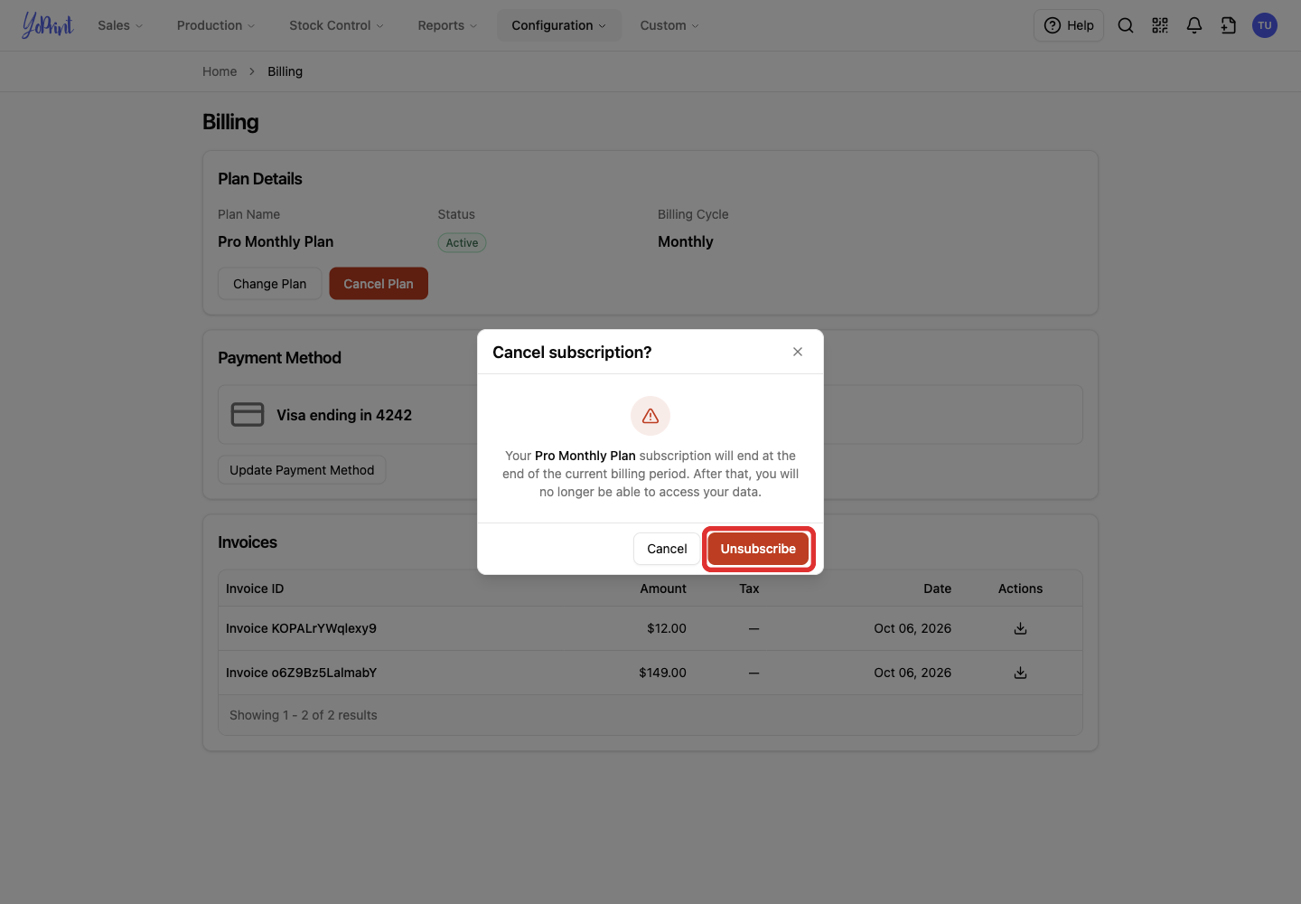 Unsubscribe in the cancellation dialog
